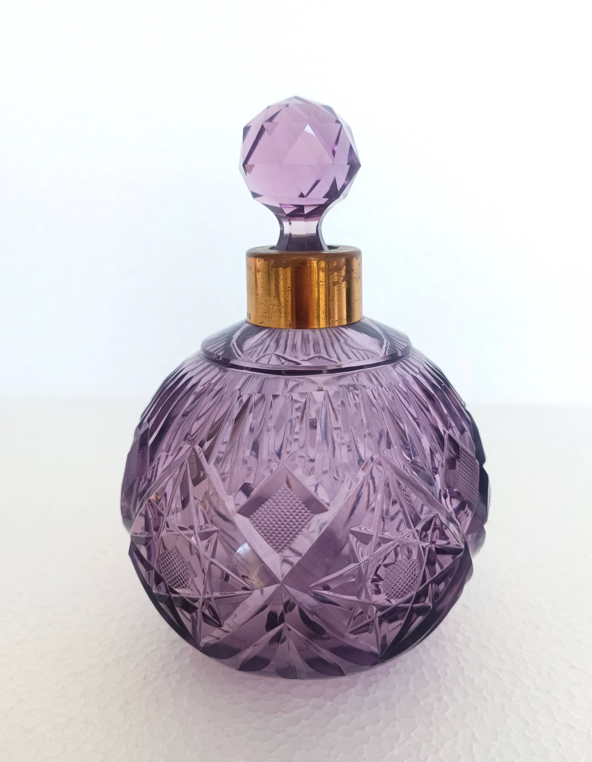 Lilac Hand Cut Crystal Glass And Brass Parfume Bottle, Italy