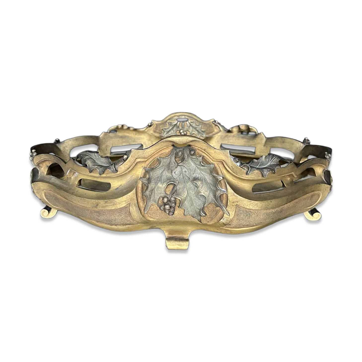 Art Nouveau jardinière in gilded bronze with holly decoration, signed E. Gros.