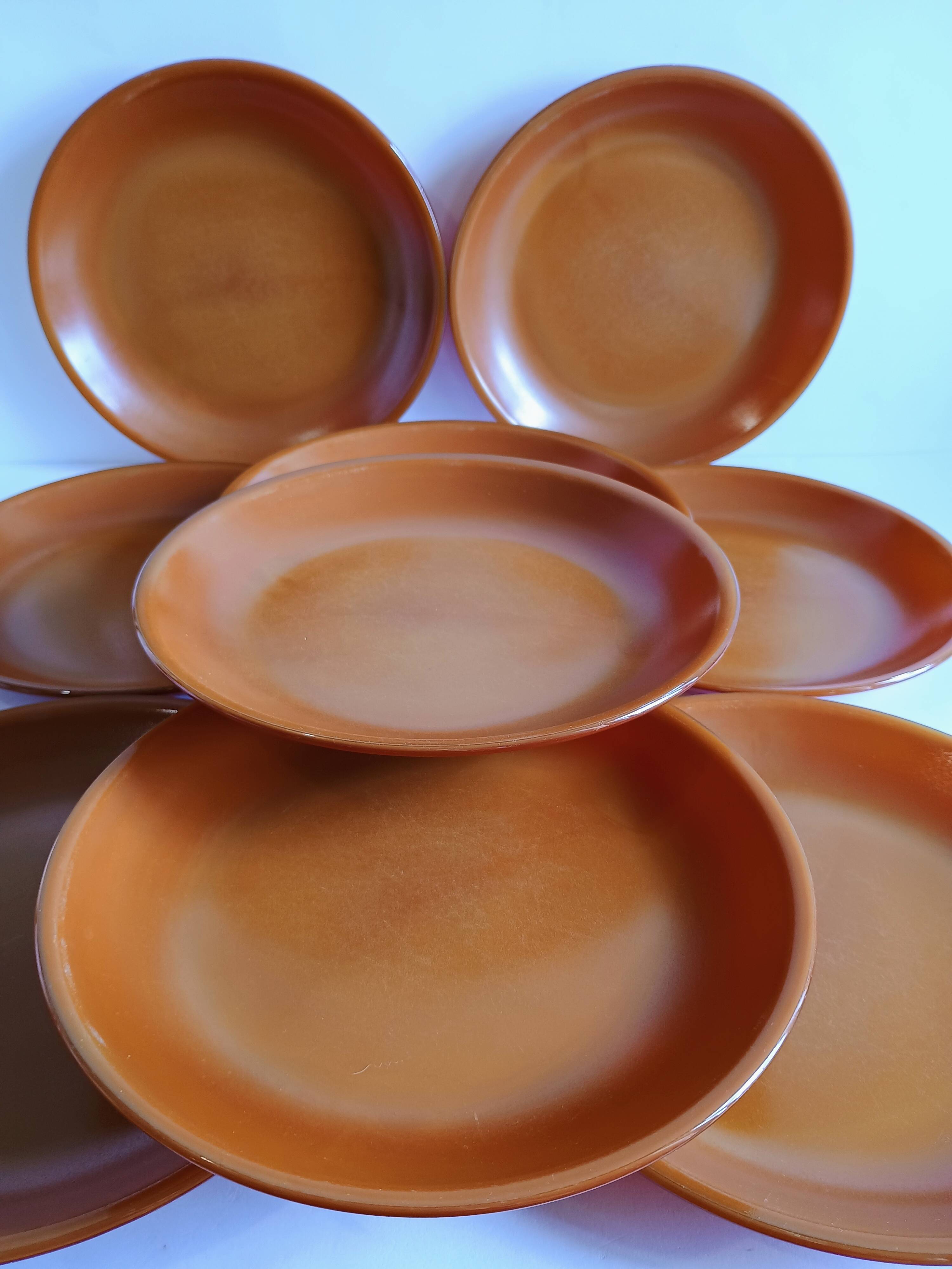 Set of 9 vintage opaline brown plates