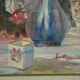 Still life with pink flowers and blue pots.