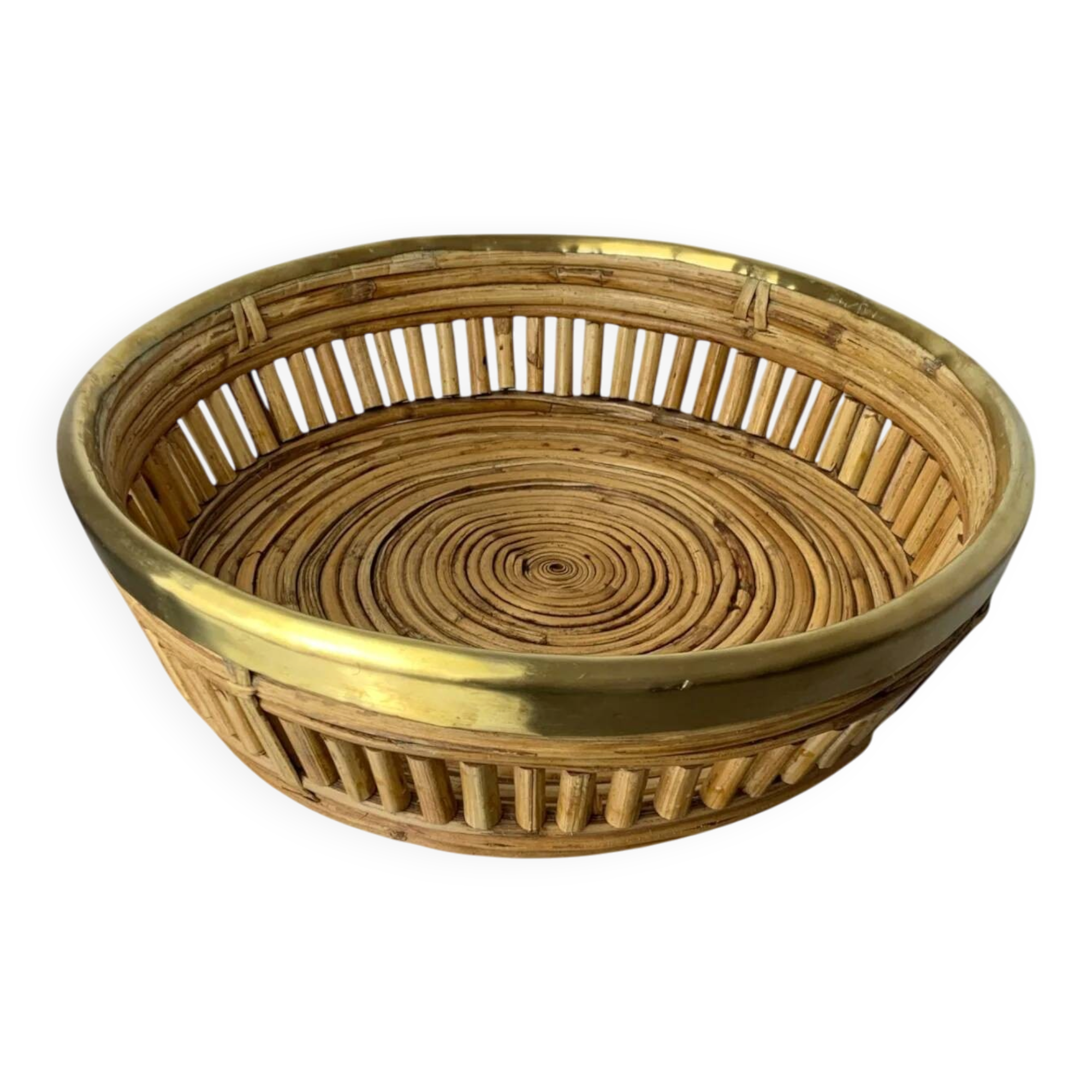 Circular rattan and brass basket, Italy, 1970