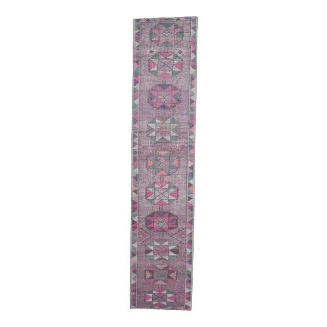 1970s Turkish Handmade Geometric Pink Wool Runner Rug 80x387