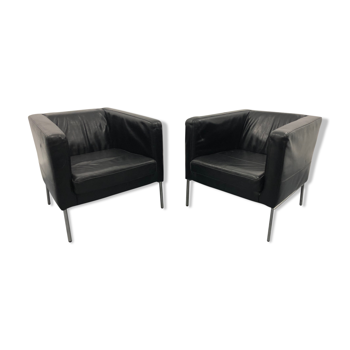 Armchairs leather black, 1980s,m set of 2