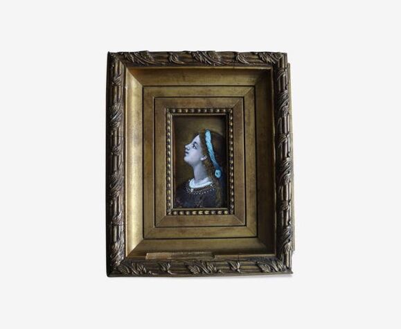 Portrait encadré peinture à l'huile sur cuivre miniature fille émaux XIXème