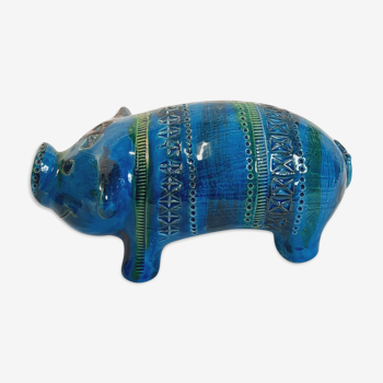 Pig animal statue, vintage, by Aldo Londi for Bitossi, Rimini blue series