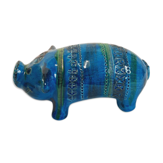 Pig animal statue, vintage, by Aldo Londi for Bitossi, Rimini blue series