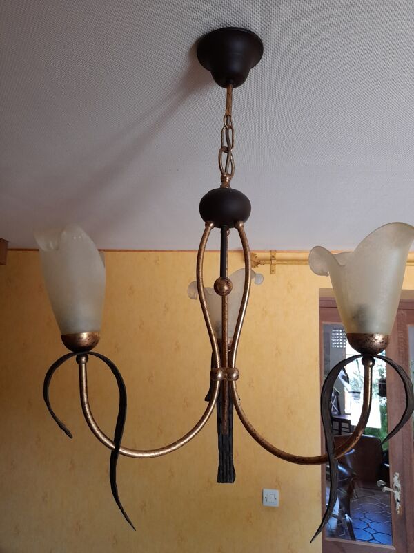Lustre suspension 3 bras authentique année 1980 en métal et verre poli