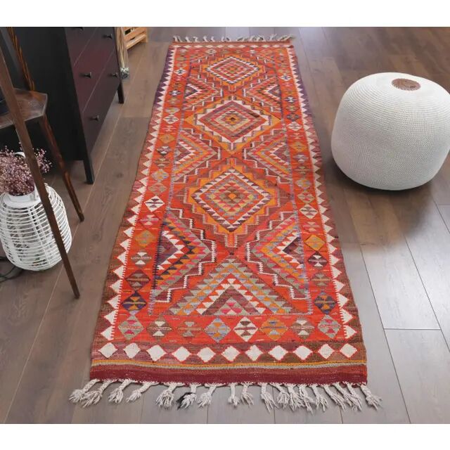 1970s Vintage Turkish Hand-Knotted Wool Cotton Red Runner Rug 90x290