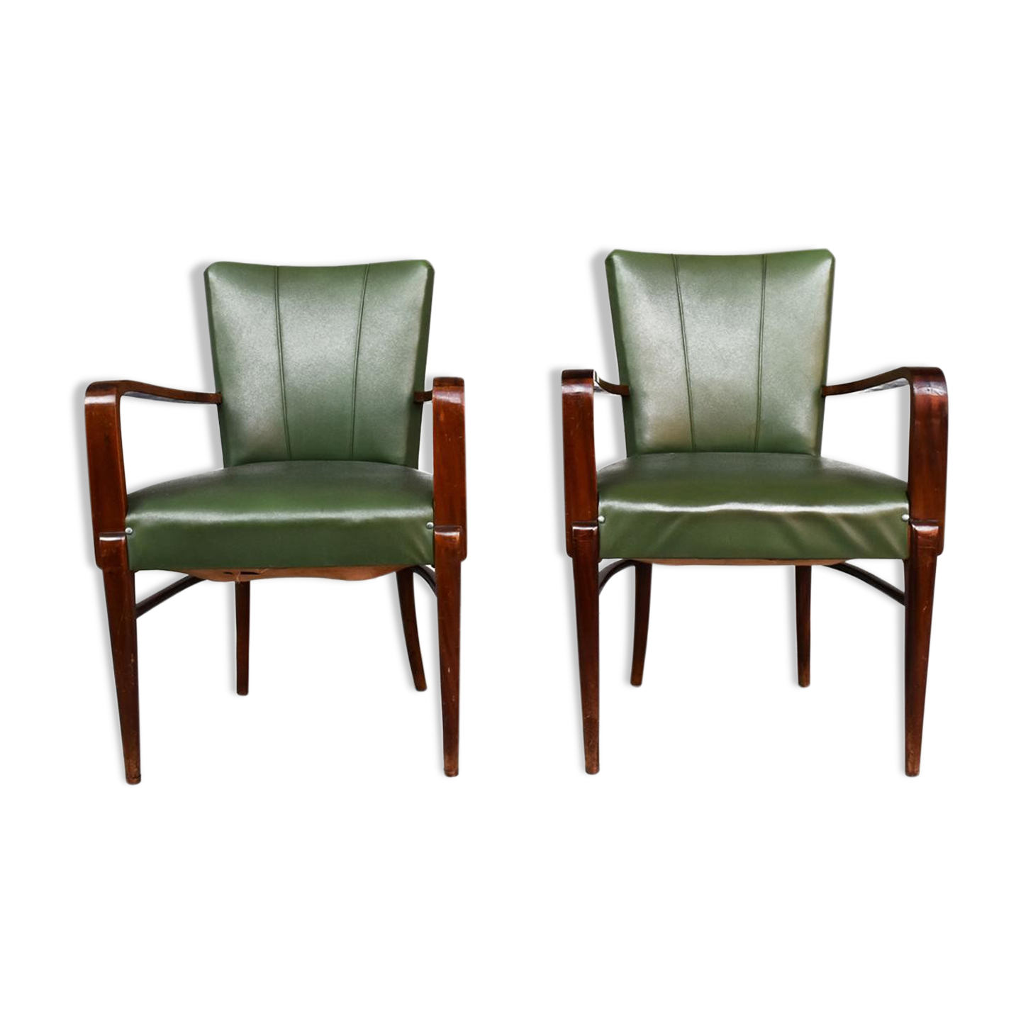 Pair of 1940 in green leatherette and beech chairs
