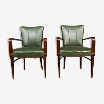 Pair of 1940 in green leatherette and beech chairs