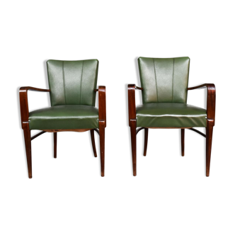 Paire de fauteuils 1940 en skaï vert et hêtre