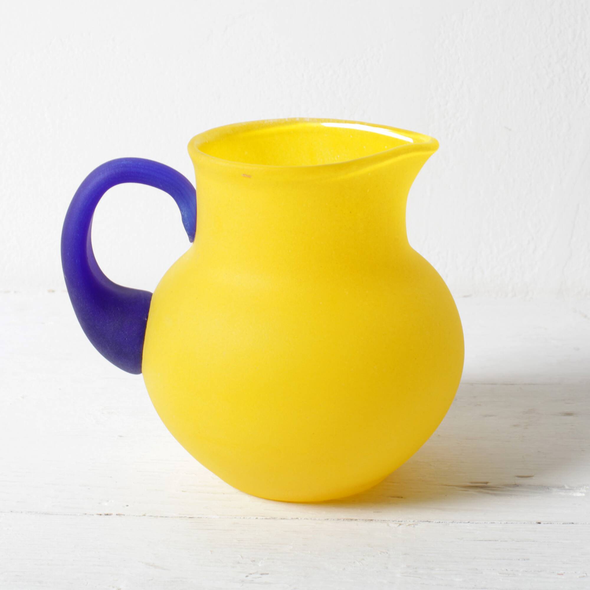 Small Vintage Frosted Glass Yellow and Blue Pitcher / Kosta Boda / Sweden /