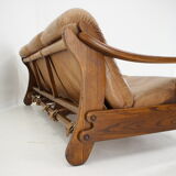 1970s Brutalist Dutch Oak and Leather 3 Seater Sofa