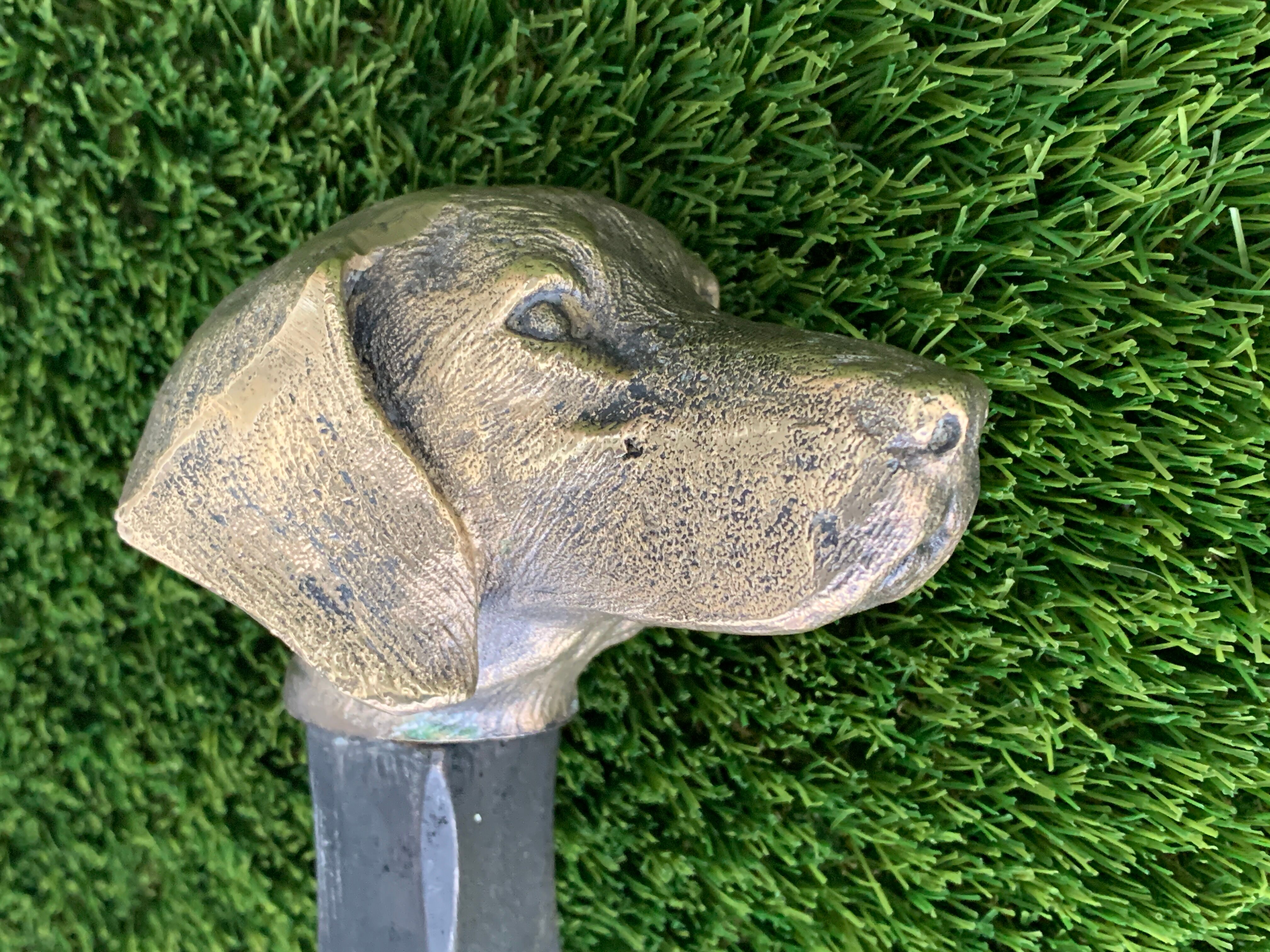 Pair of metal chenets decorated with brass dog heads
