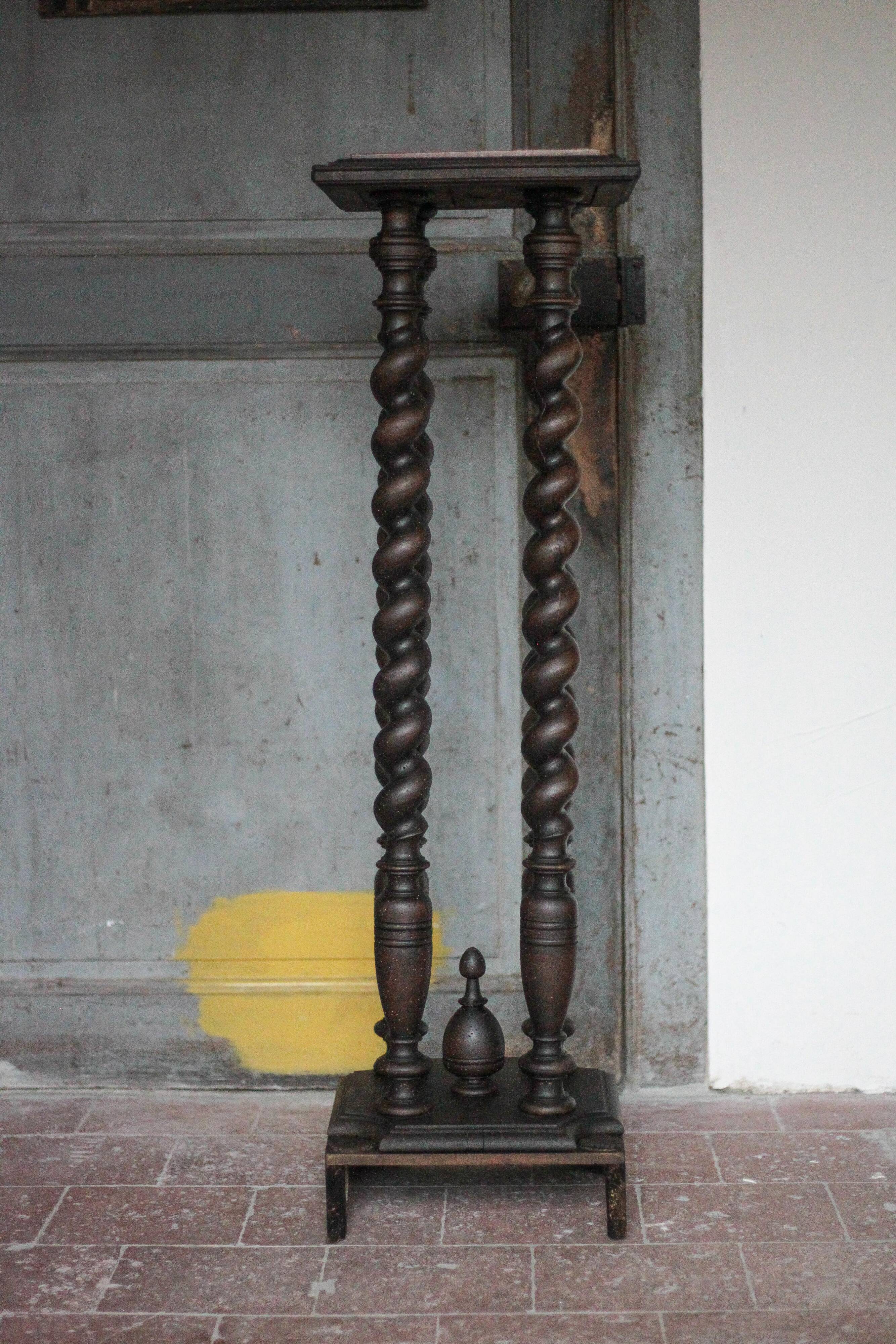Vintage wood and marble side table, Louis XIII style turned wood pedestal table