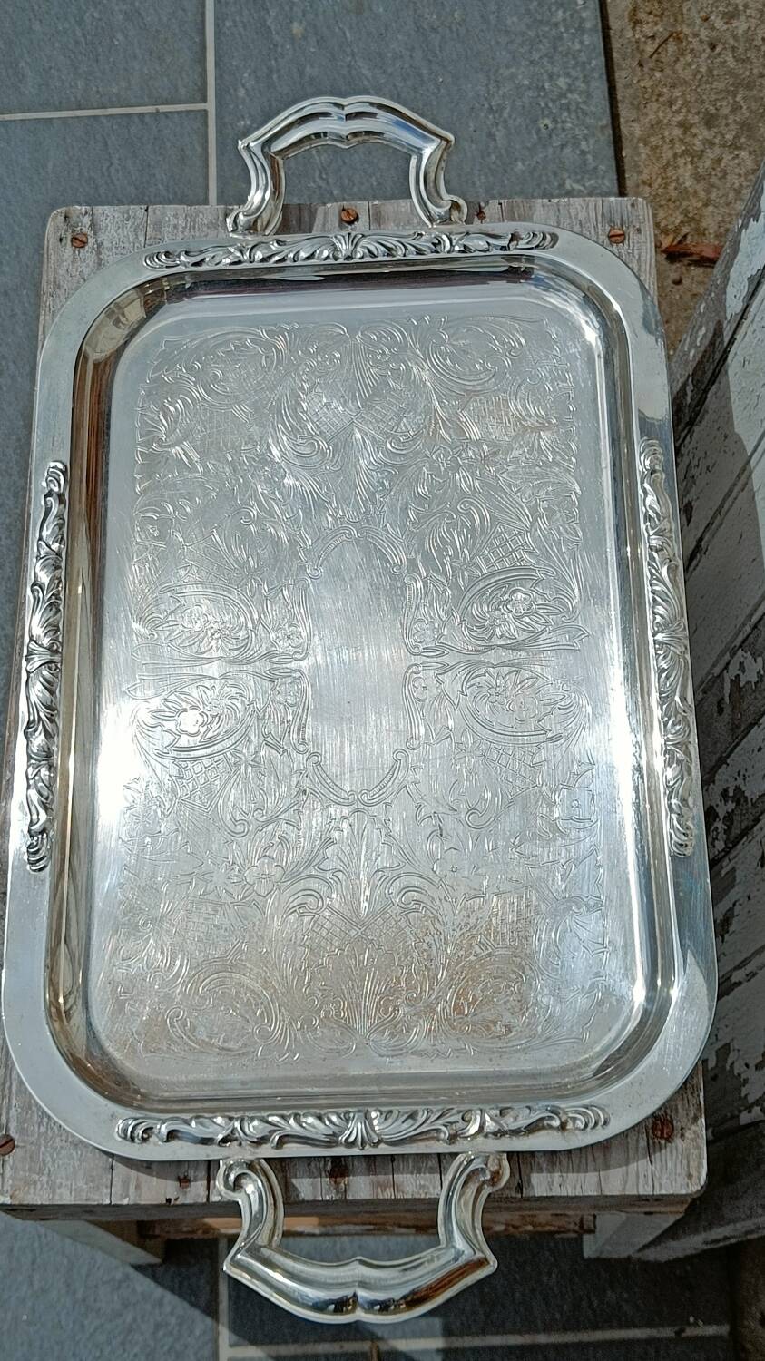 Silver metal serving tray