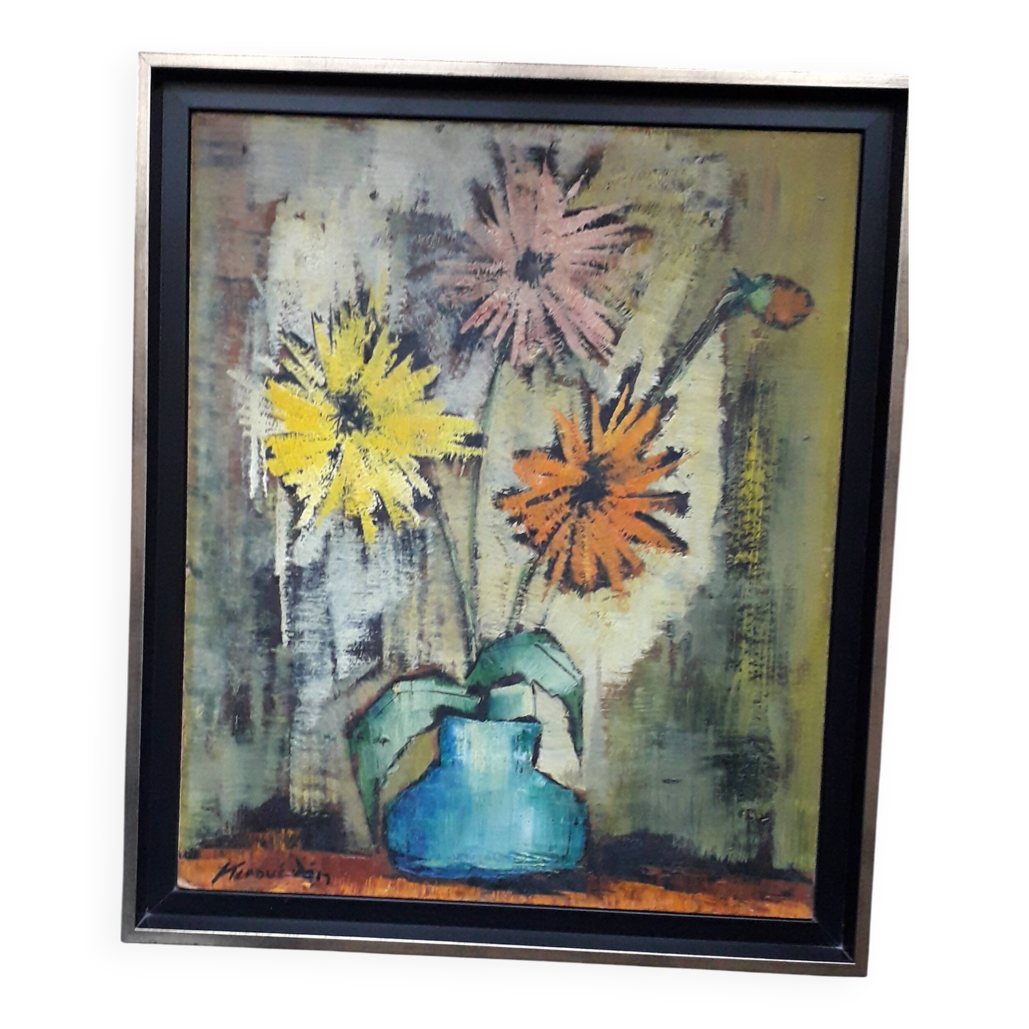 Antique oil painting depicting a bouquet of flowers