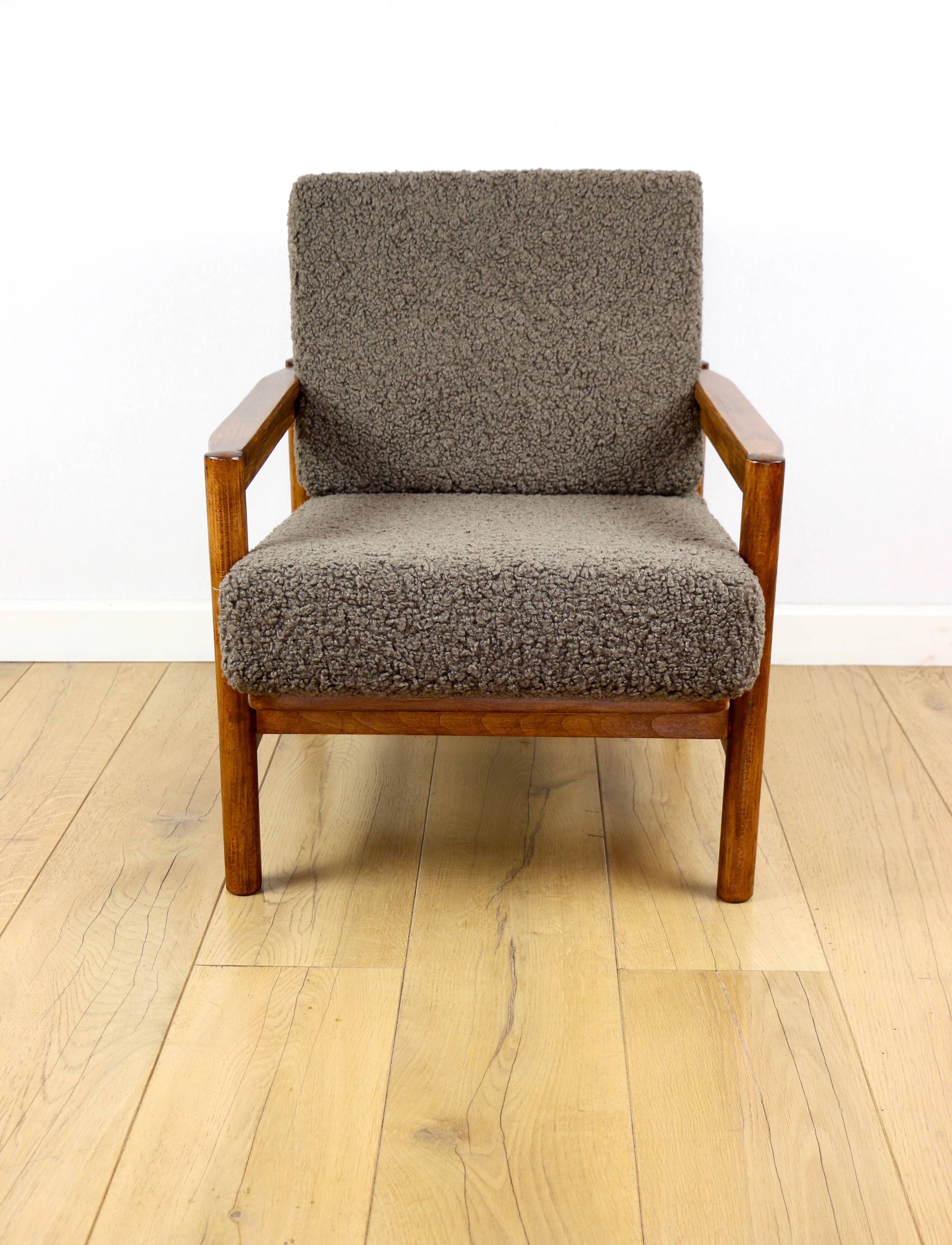 Wooden armchair designed by Z. Baczyk brown vintage chocolate brown boucle lamb