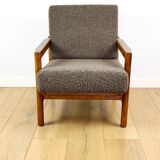 Wooden armchair designed by Z. Baczyk brown vintage chocolate brown boucle lamb