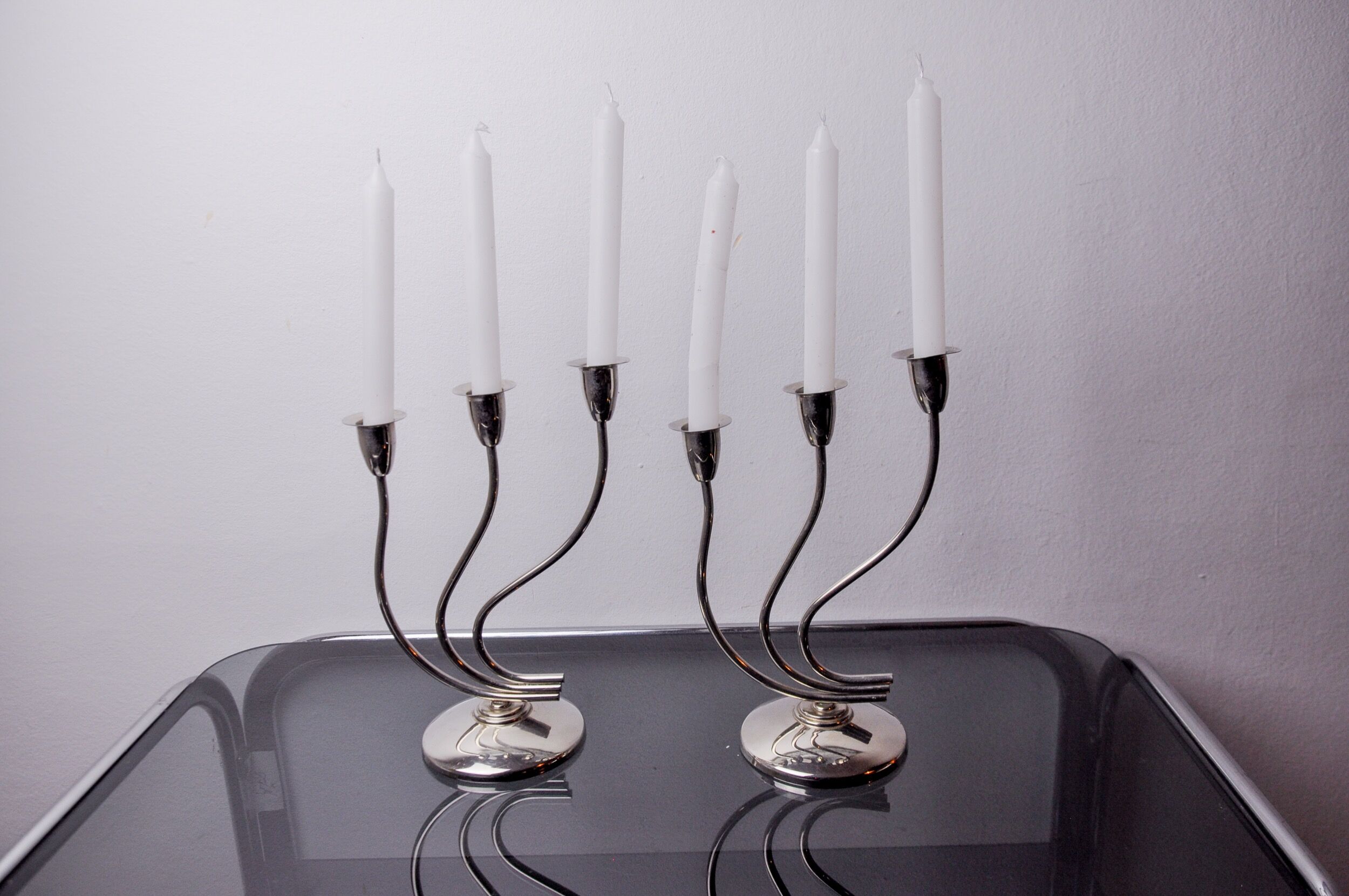 Pair of art deco candlesticks in stainless steel 3 flames, Spain, 1970