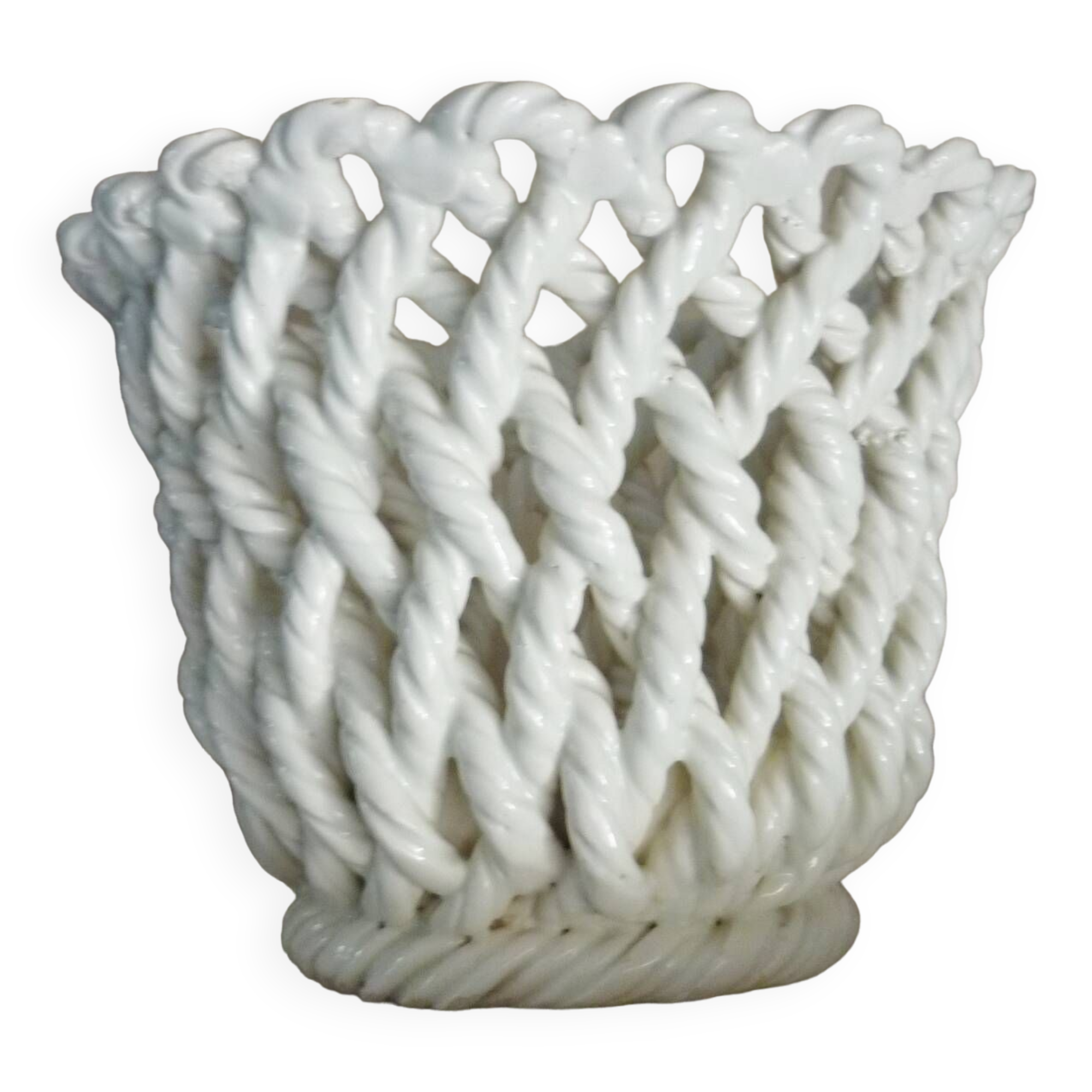 White enameled ceramic pot cover, braided, openwork, vintage