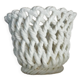 White enameled ceramic pot cover, braided, openwork, vintage