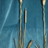 Pair of Golden Metal Lamps Reeds Work circa 1960 1970 Hollywood Regency