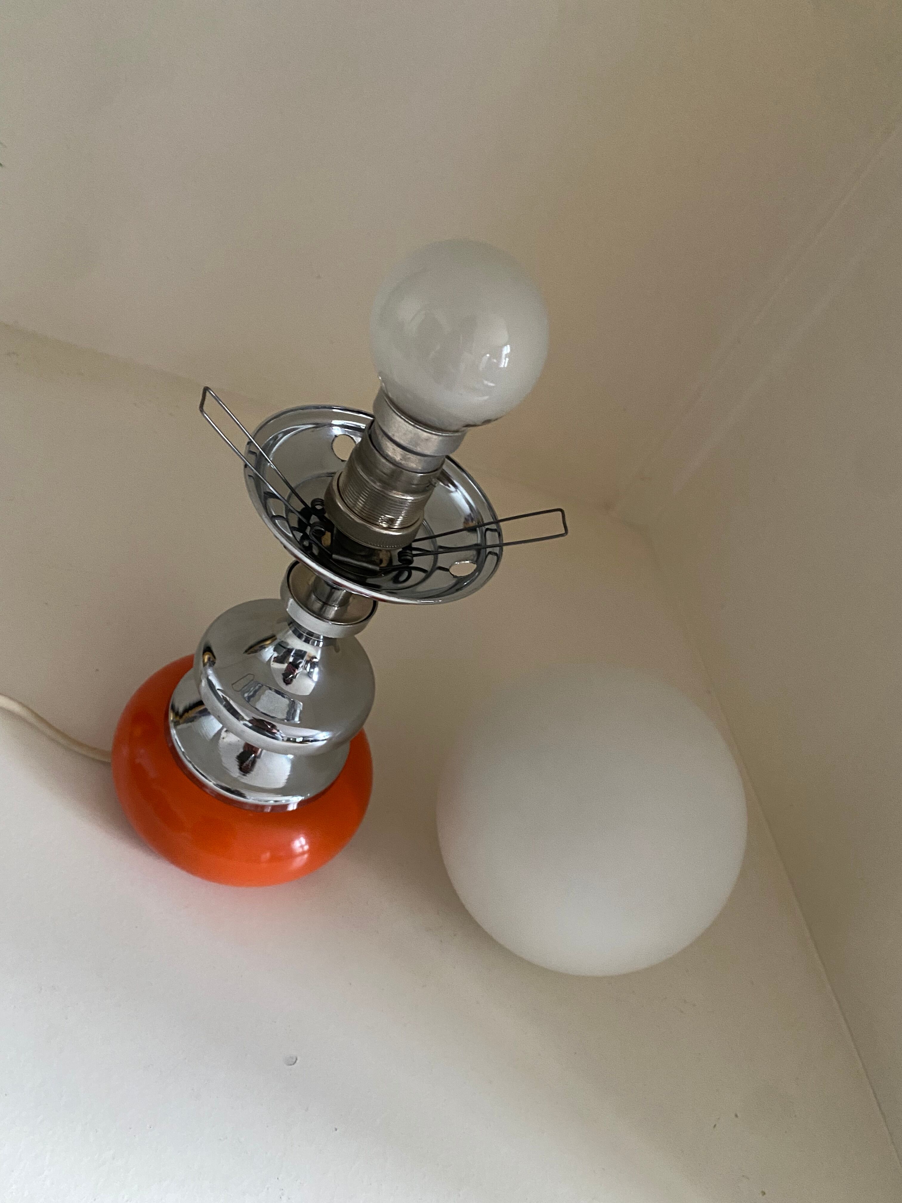 Vintage lamp opaline globe, wood turned orange and chrome 60s 70s