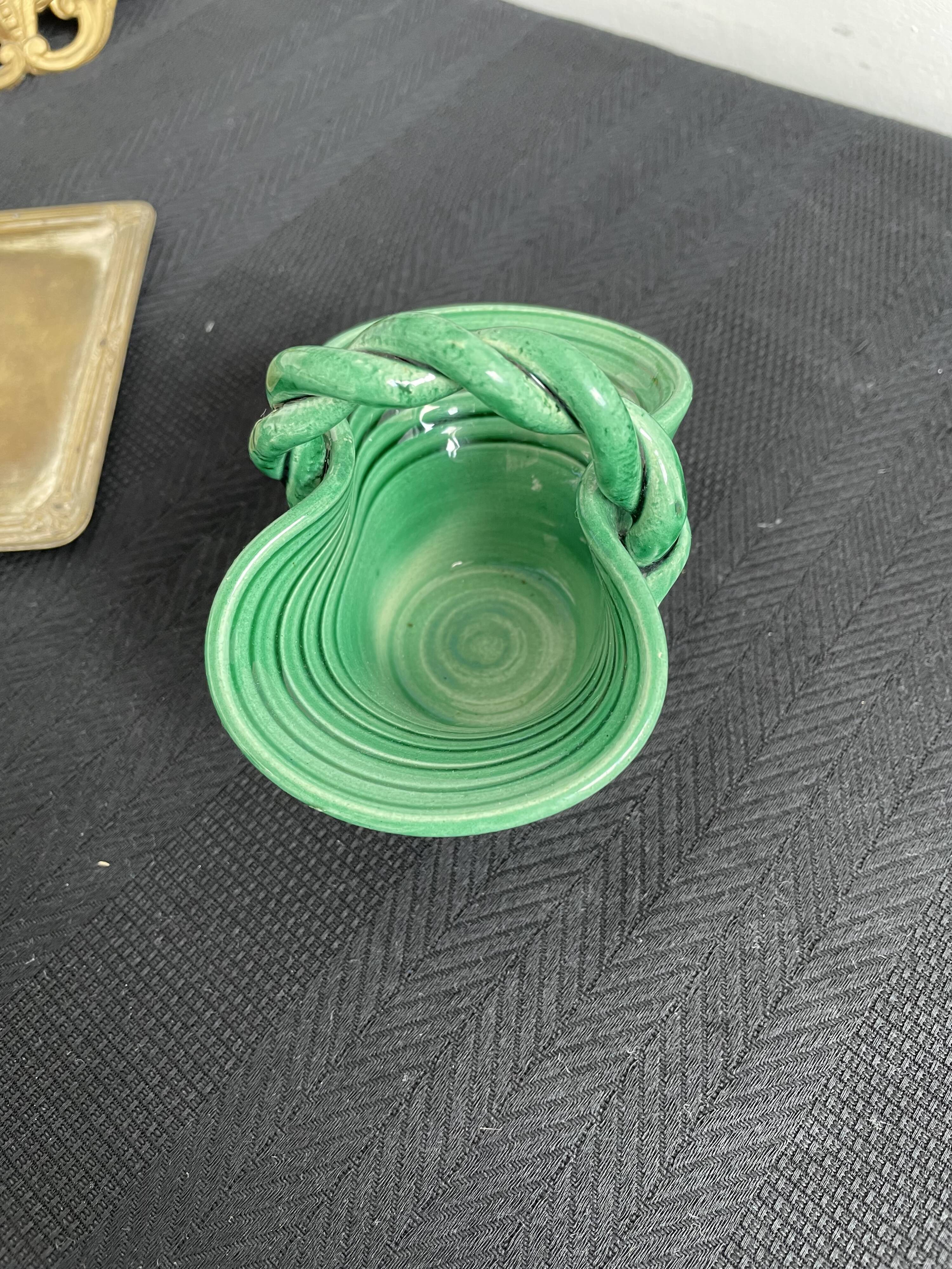 Vintage, woven basket, green, glazed earthenware, grooves, stylized, décor, French decoration, Fran