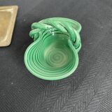 Vintage, woven basket, green, glazed earthenware, grooves, stylized, décor, French decoration, Fran