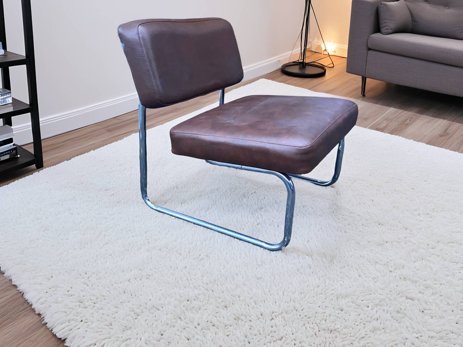 Vintage low cantilever armchair – Brown faux leather & tubular frame