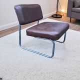Vintage low cantilever armchair – Brown faux leather & tubular frame