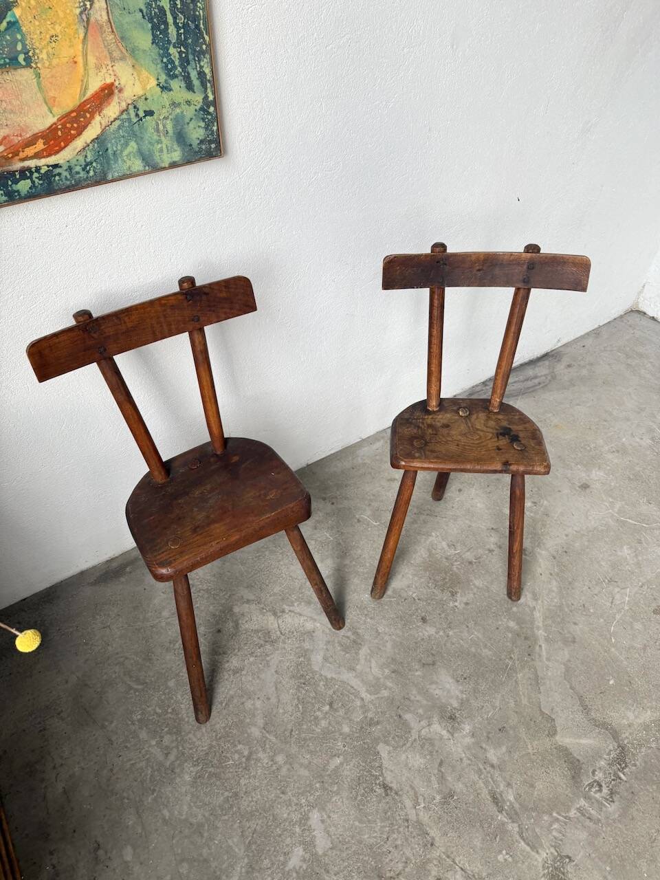 Pair of Savoyard tripod chairs, folk art, oak.