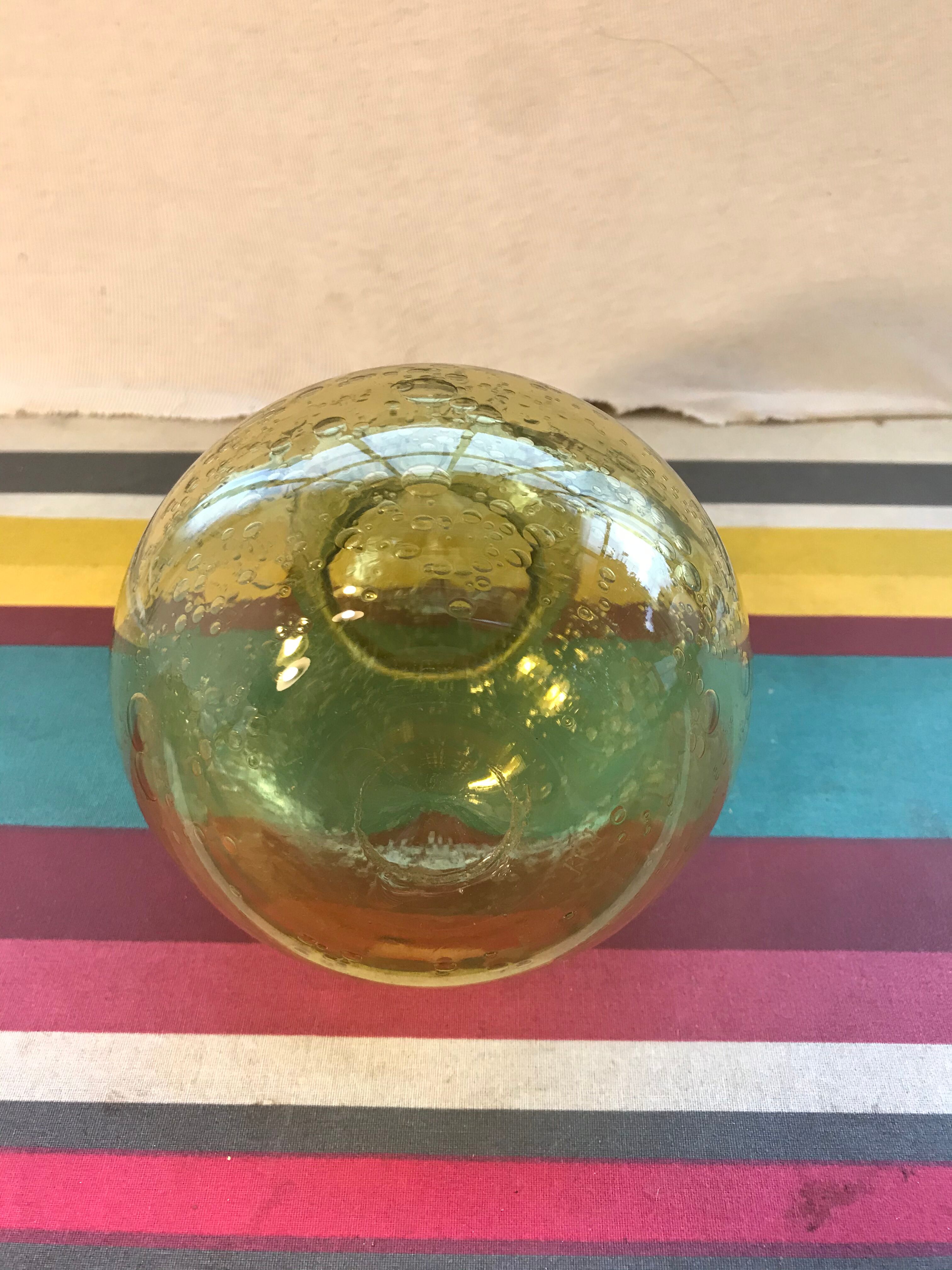 Pair Old Bottle Biot Yellow Bullized Blown Glass Bouchon Selency