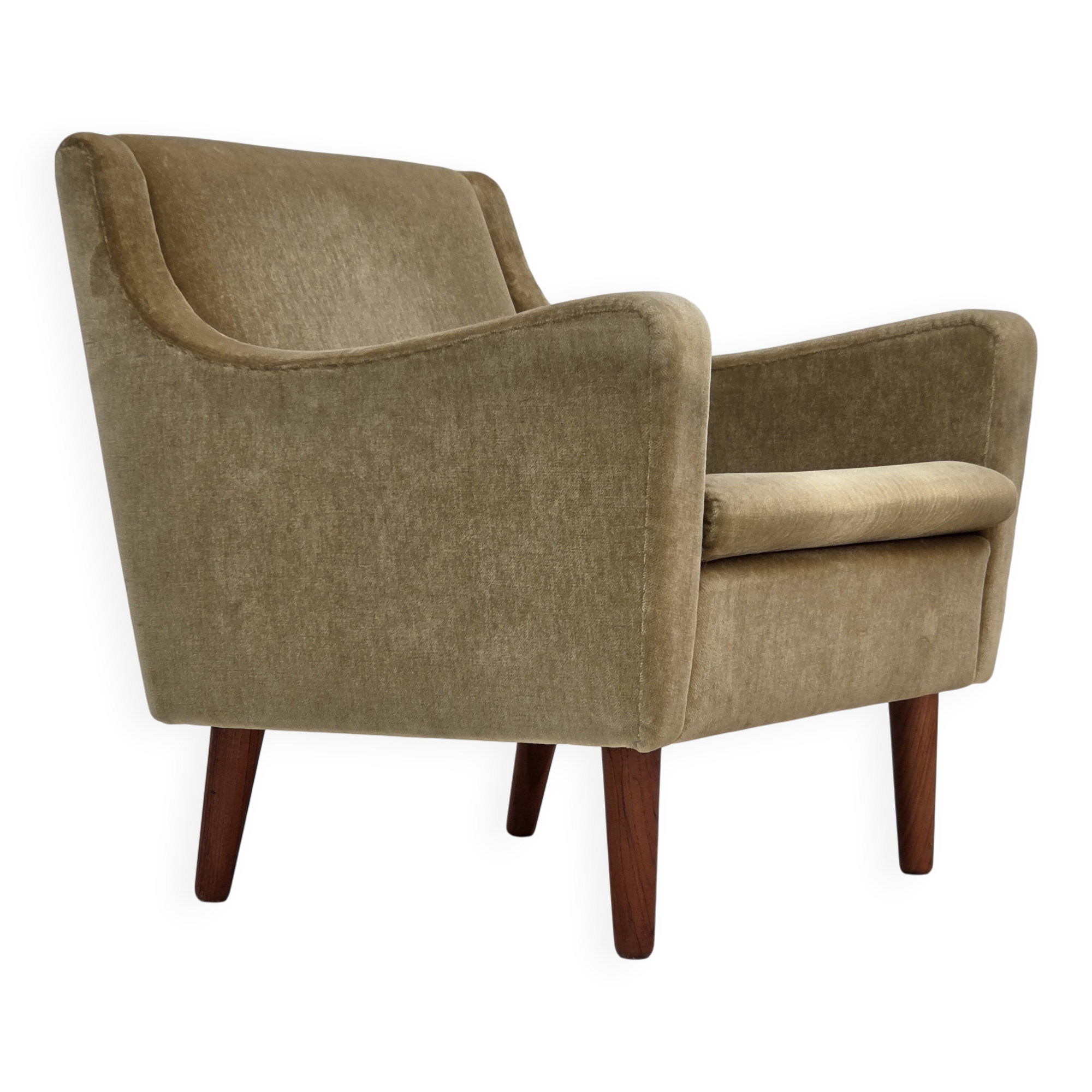 1970s, Danish armchair, original green furniture velour, teak wood legs.