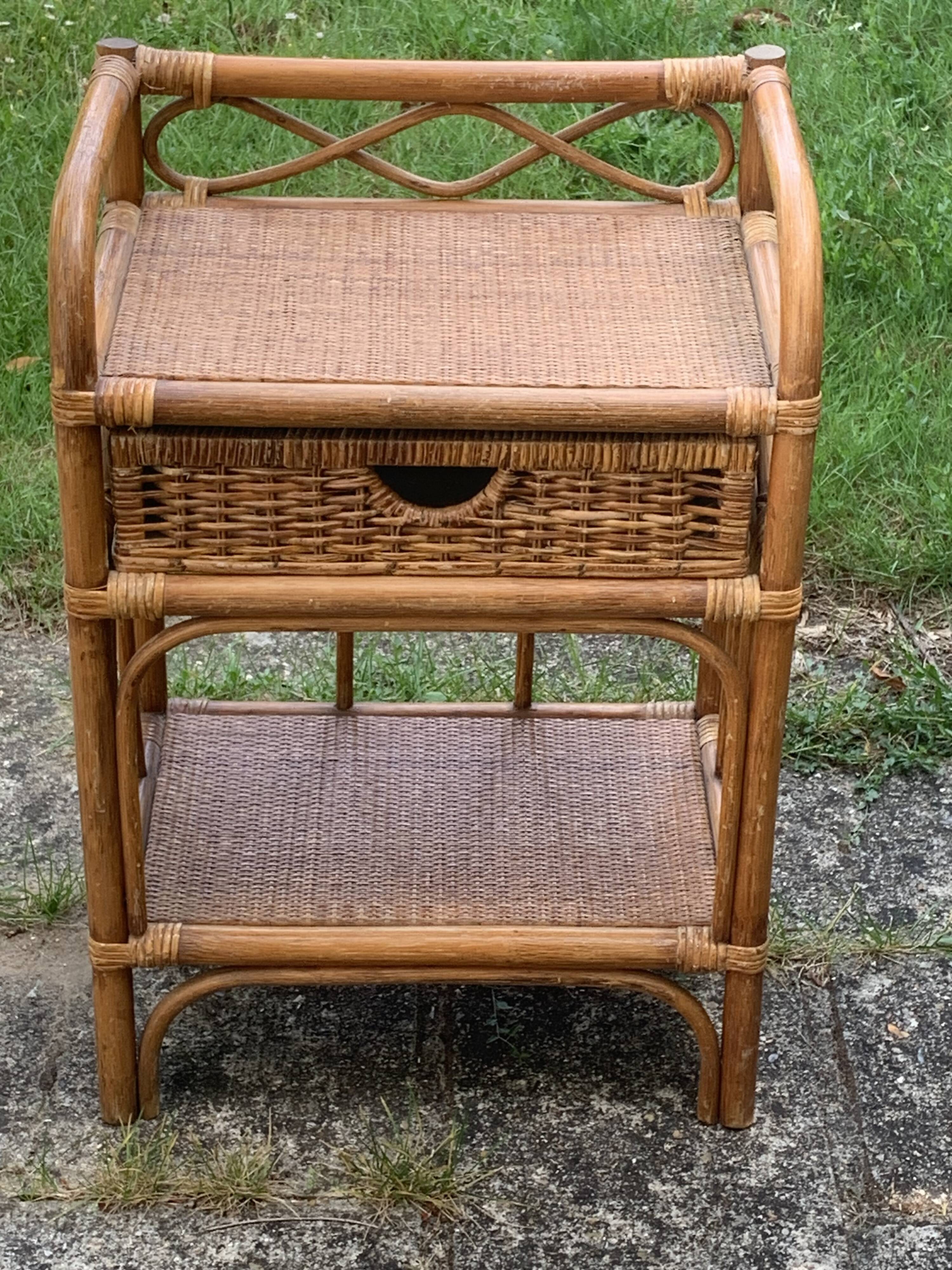 Shelf, side table, bedside table in vintage bamboo and rattan
