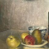 J poisat oil on canvas still life with fruits composition stucco frame