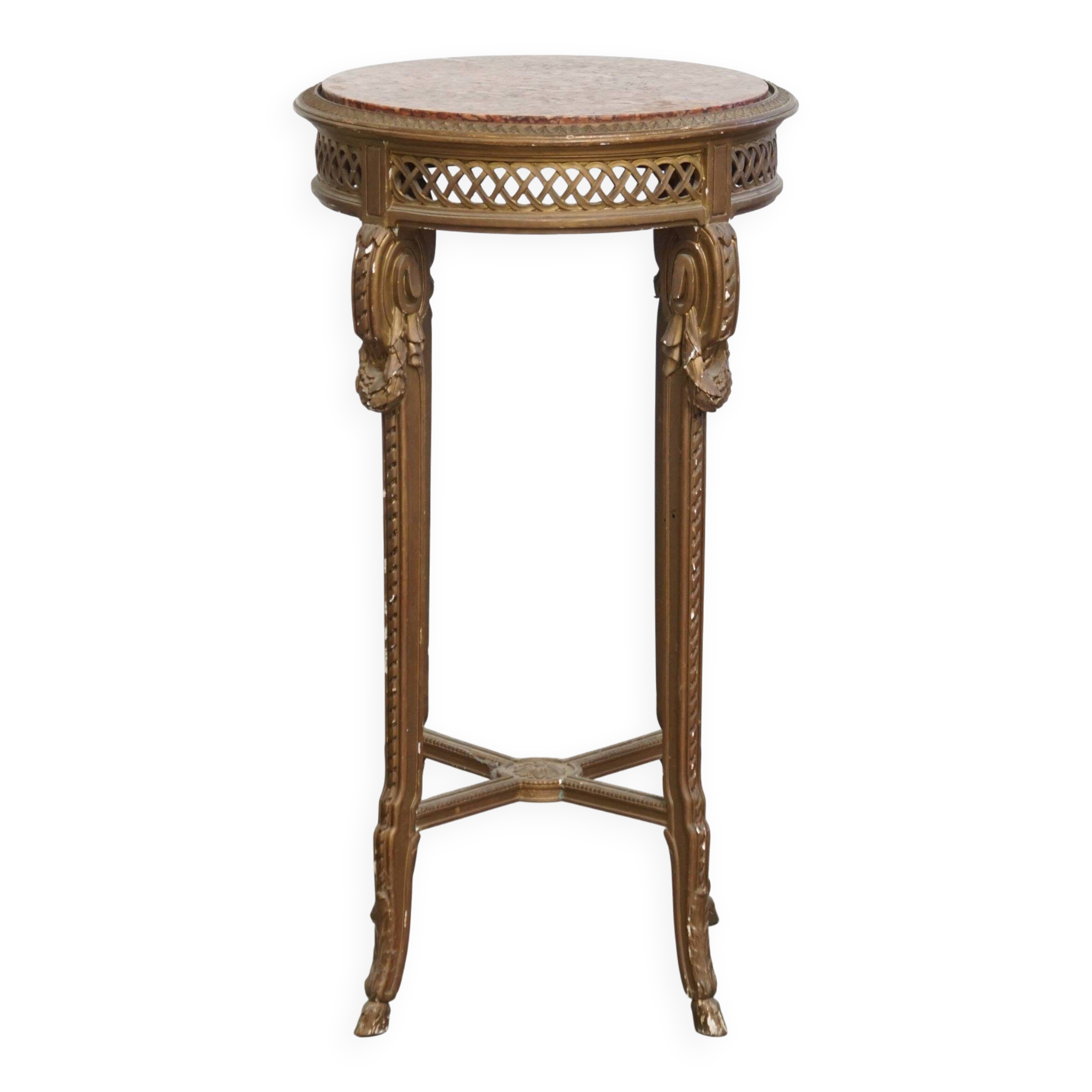 Antique French side table with a gold-coloured wooden frame and marble top