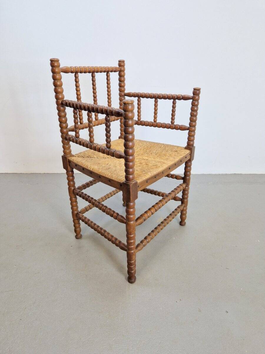 Mid-Century Arts and Craft Oak Bobbin Chair with Rush Seat, 1930s