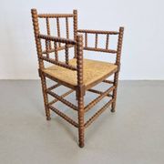 Mid-Century Arts and Craft Oak Bobbin Chair with Rush Seat, 1930s