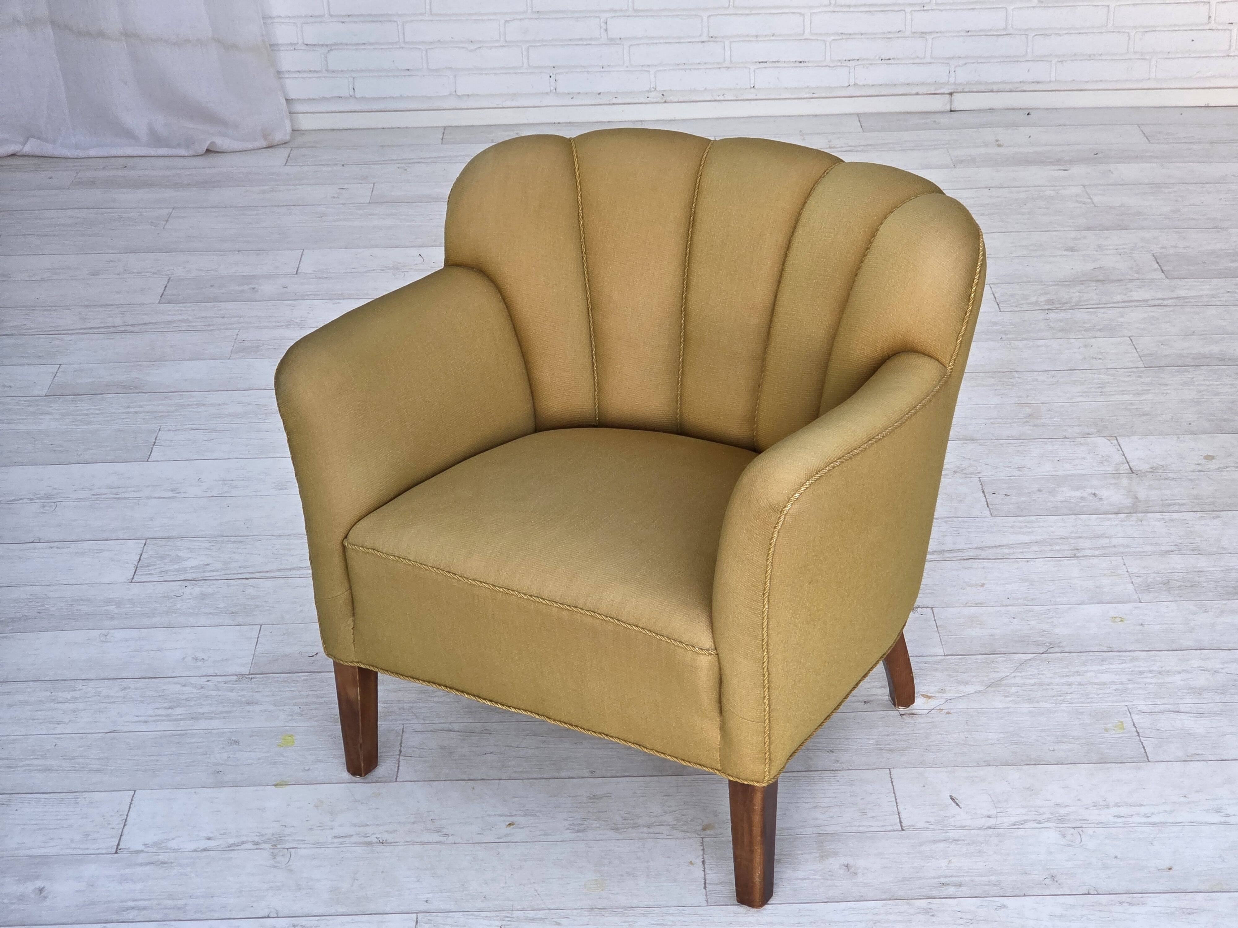 1960s, pair of Danish armchairs, green furniture wool, ash wood legs.