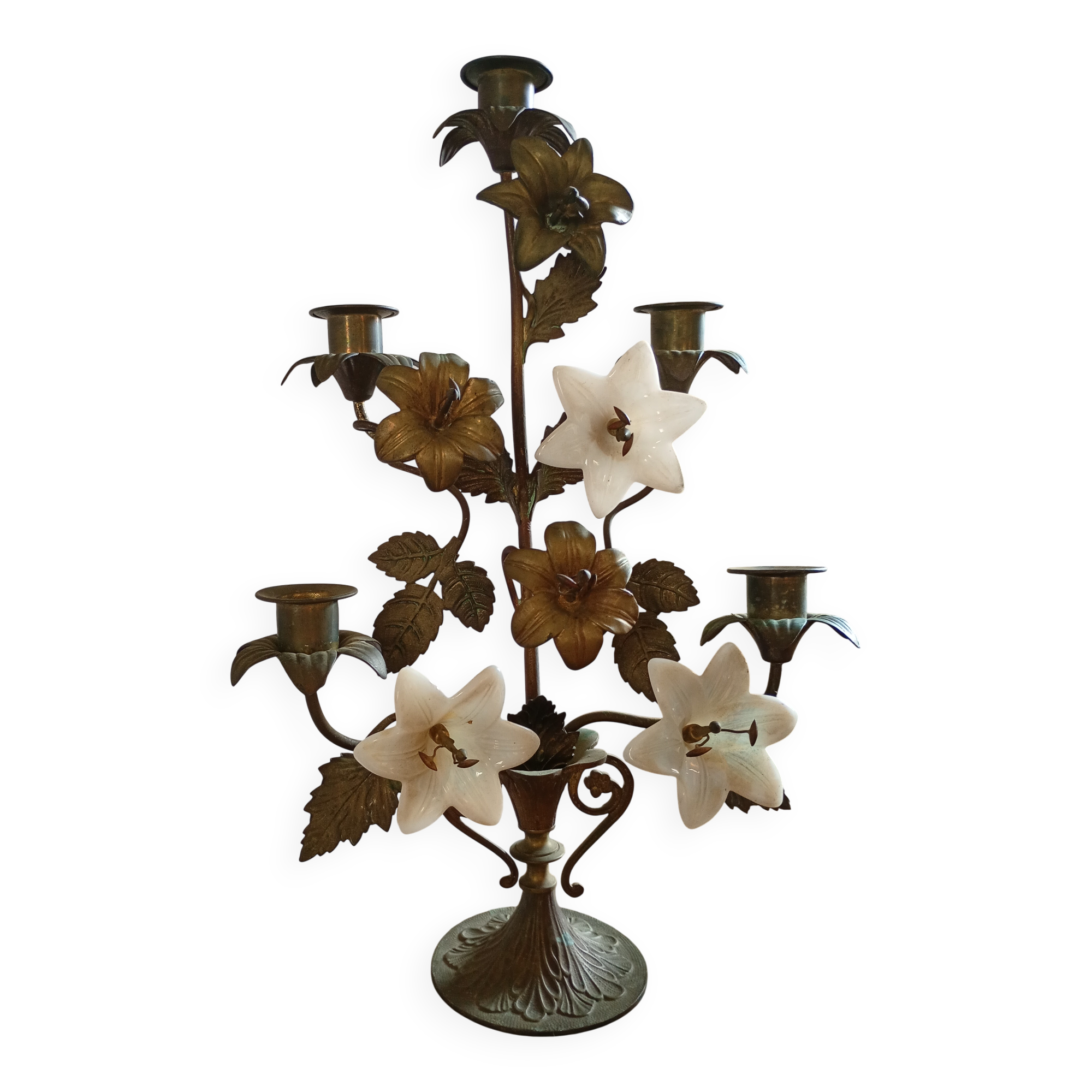 Church candelabrum in brass and glass