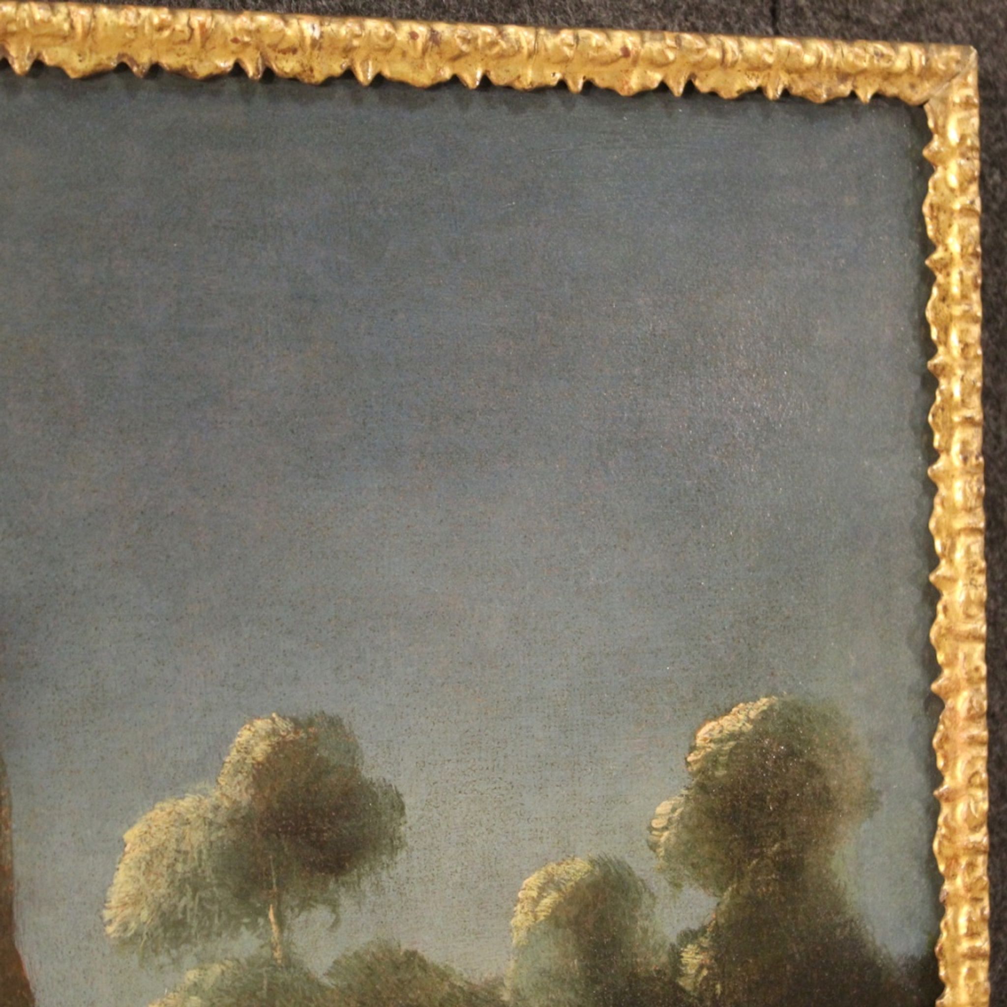 Antique painting river landscape with ruins and fishermen from the XVIIIth century