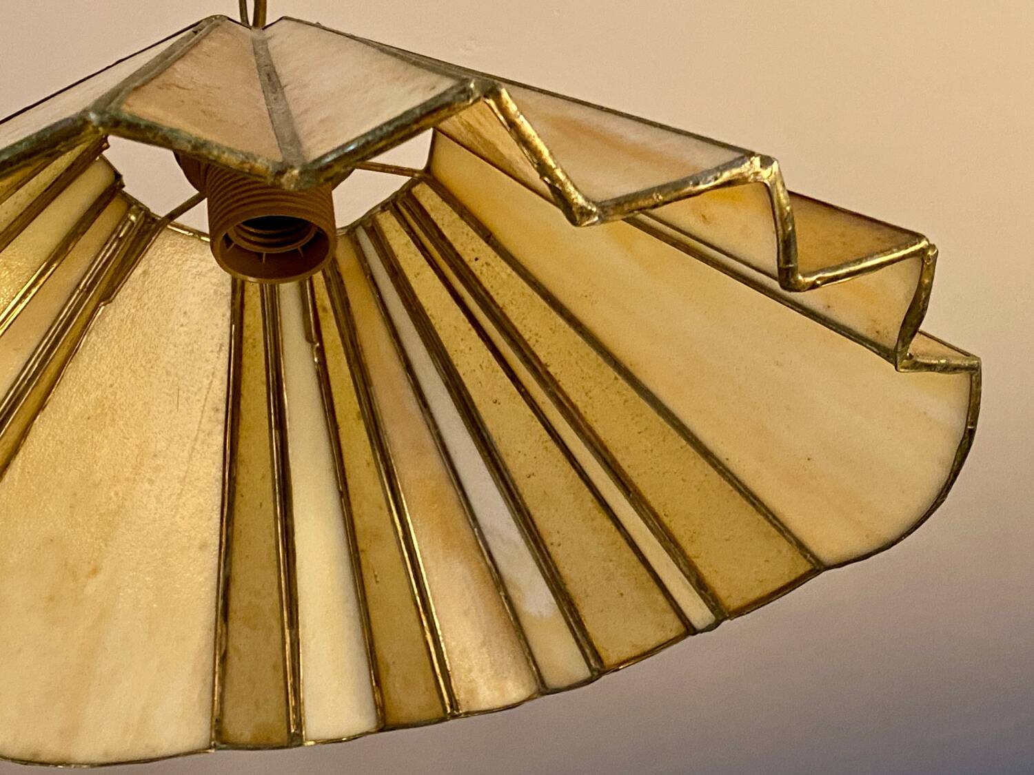 Glass paste and brass umbrella pendant light, 1970