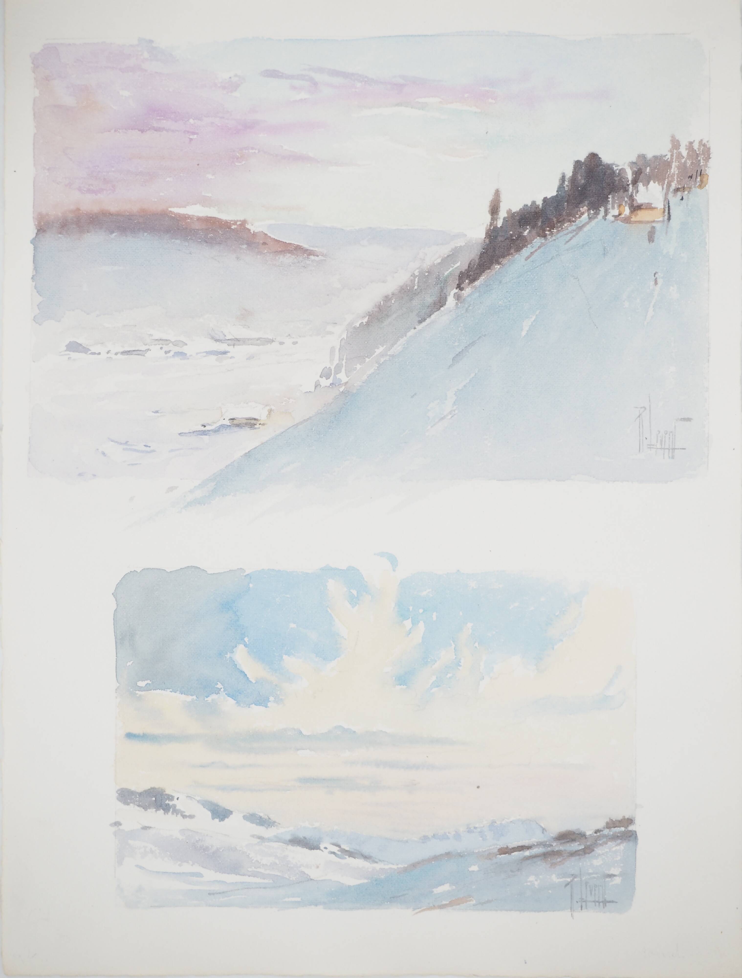 René leverd: switzerland, twilight and dawn, original signed watercolor