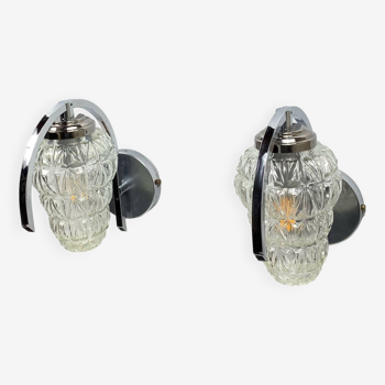 Pair of old wall lights in glass globe, swan neck, chrome metal, vintage LAMP-7142
