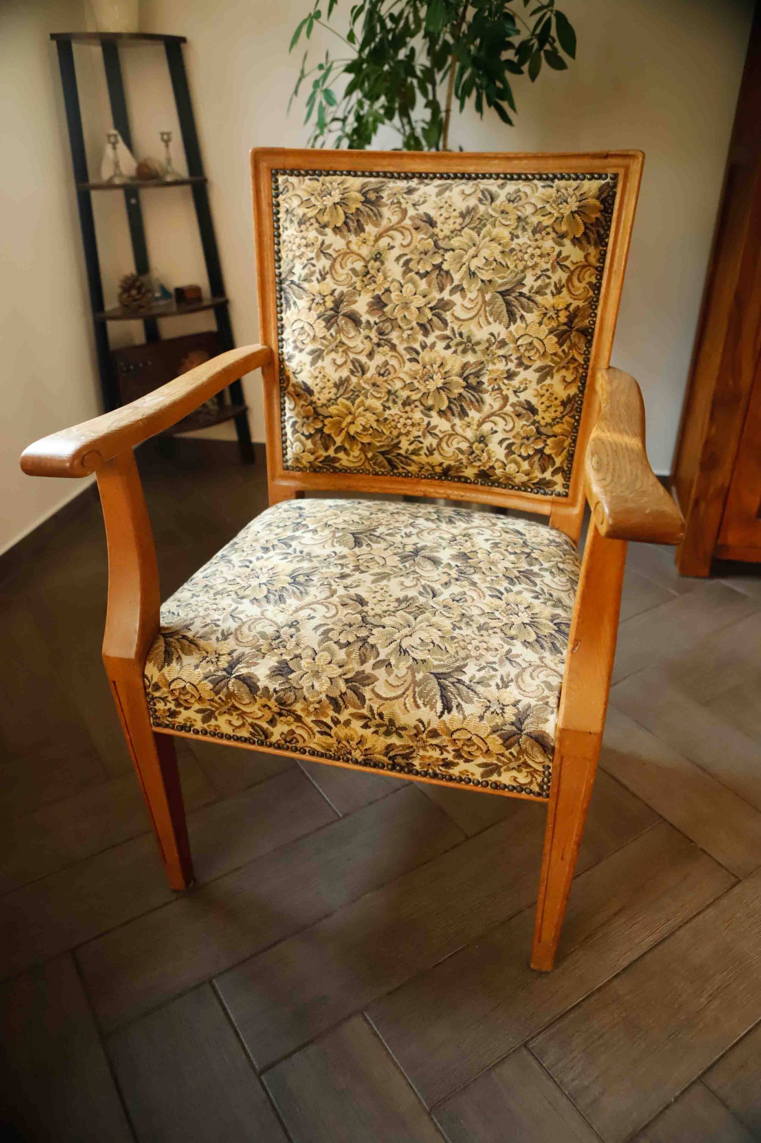 Vintage Salon Armchair with Floral Tapestry Upholstery and Scroll Armrests