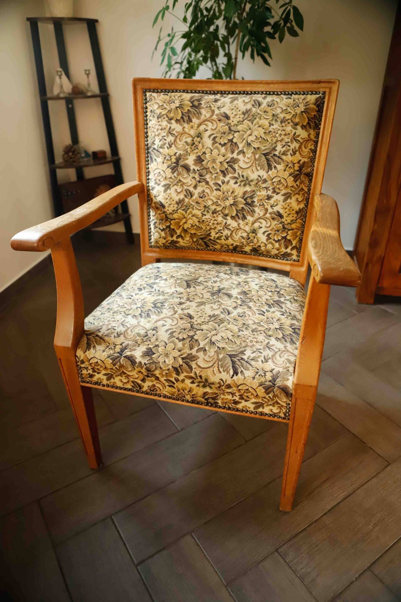 Vintage Salon Armchair with Floral Tapestry Upholstery and Scroll Armrests