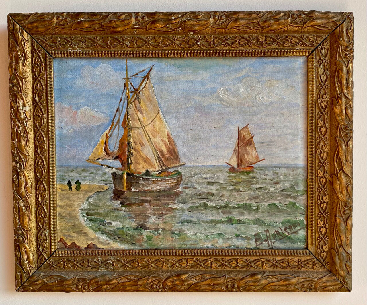 Ancient painting, Marine, signed 20th century