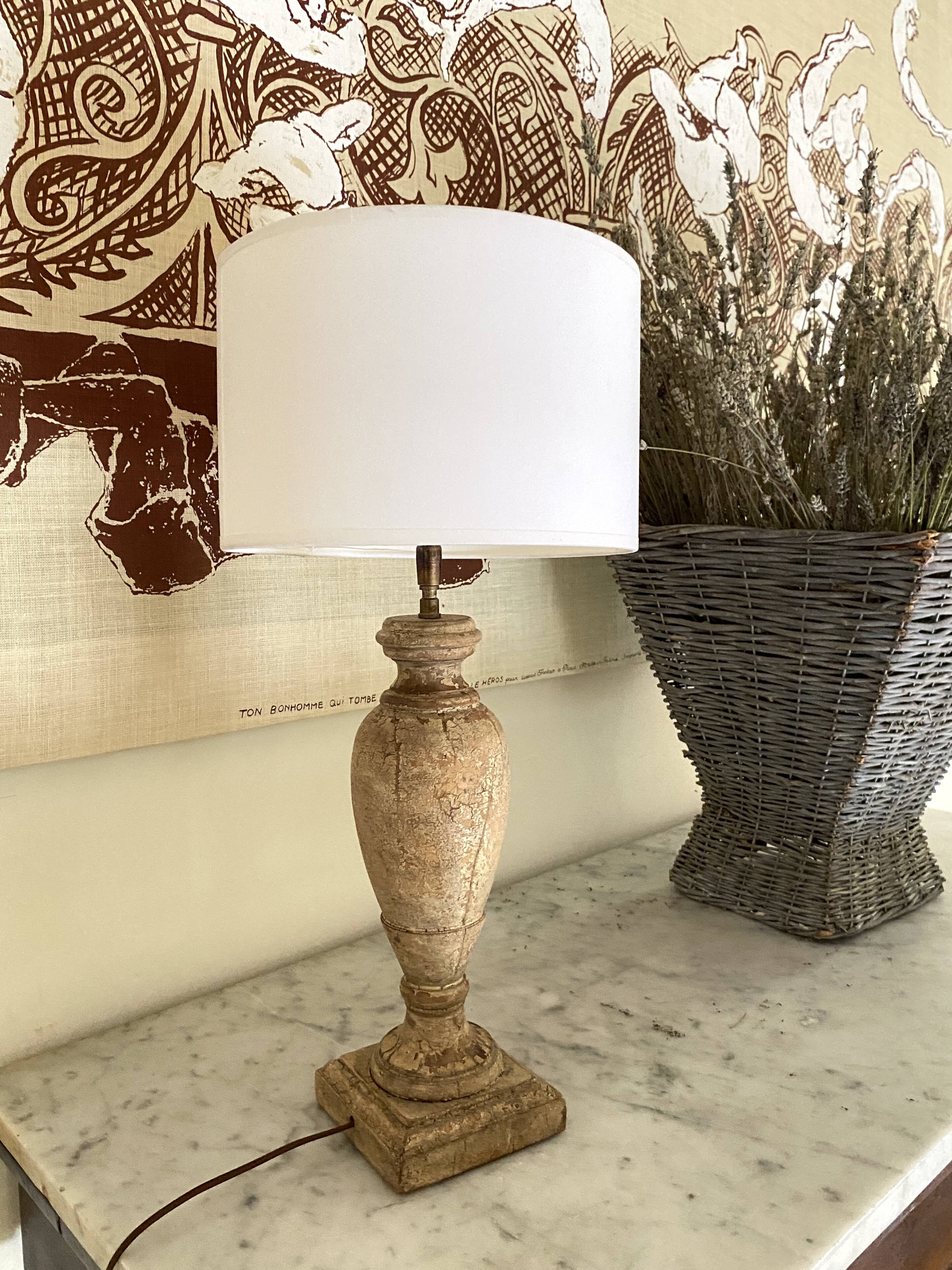 Wooden lamp, new 2 m fabric cable, cotton lampshade